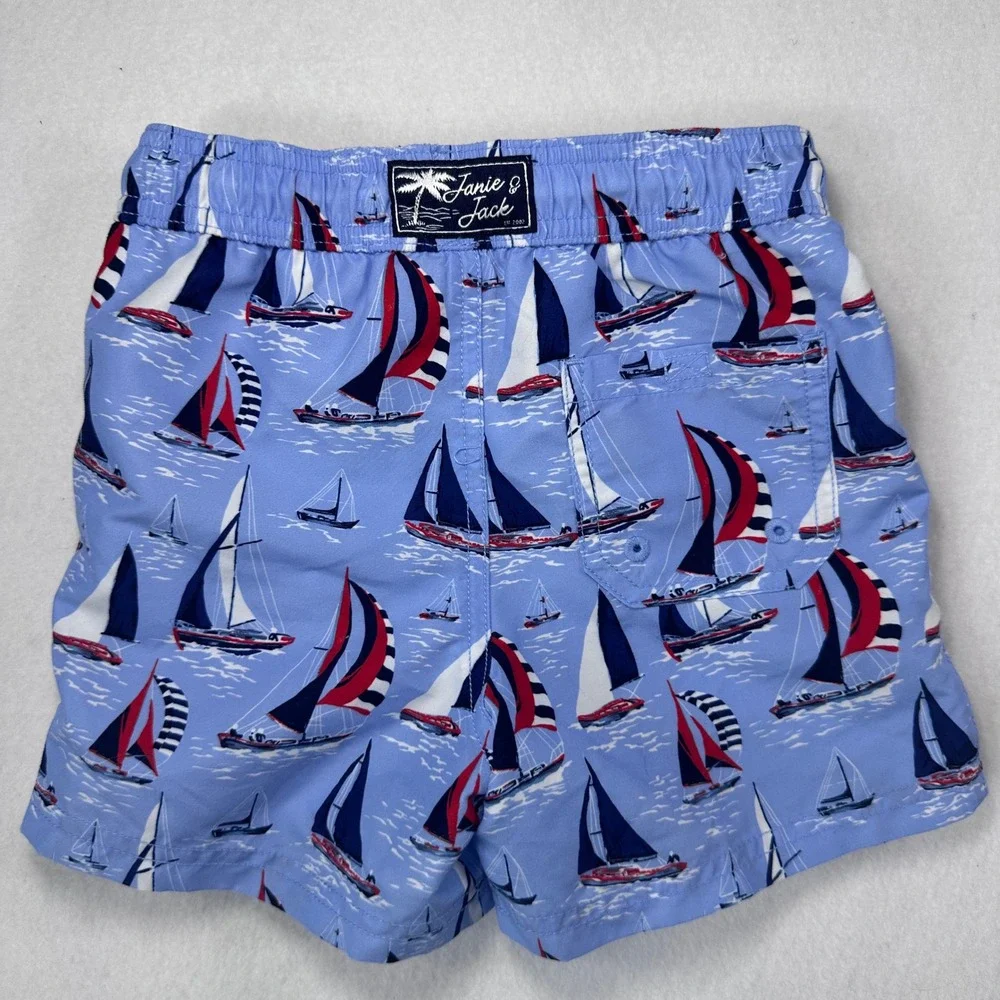Janie and Jack Boys Sailboat Print Swim Trunks Blue Nautical Shorts Size 4 NWOT